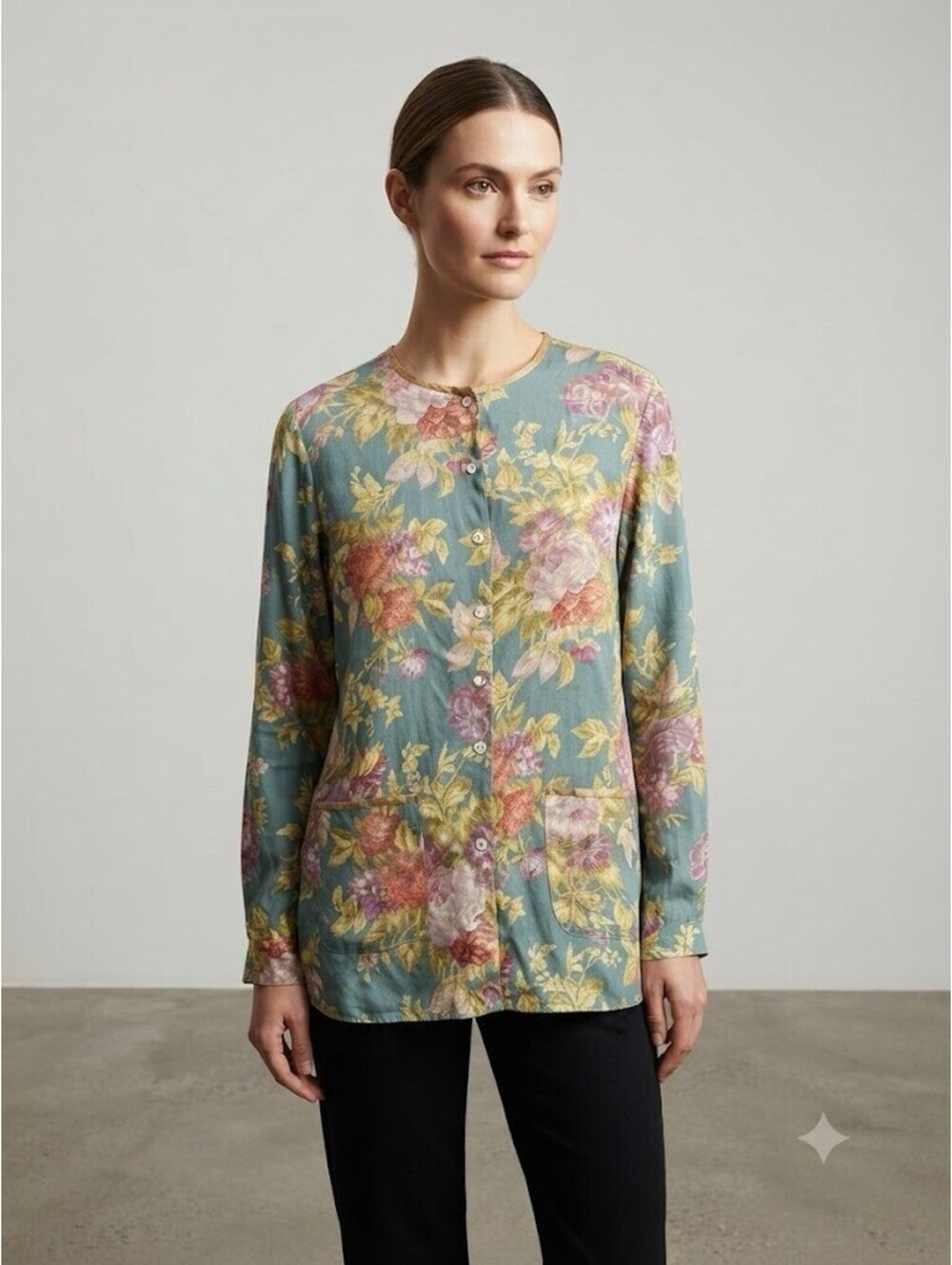 (RF) Vintage Carole Little Floral Rayon Long Sleeve Button Up Blouse 14 1990